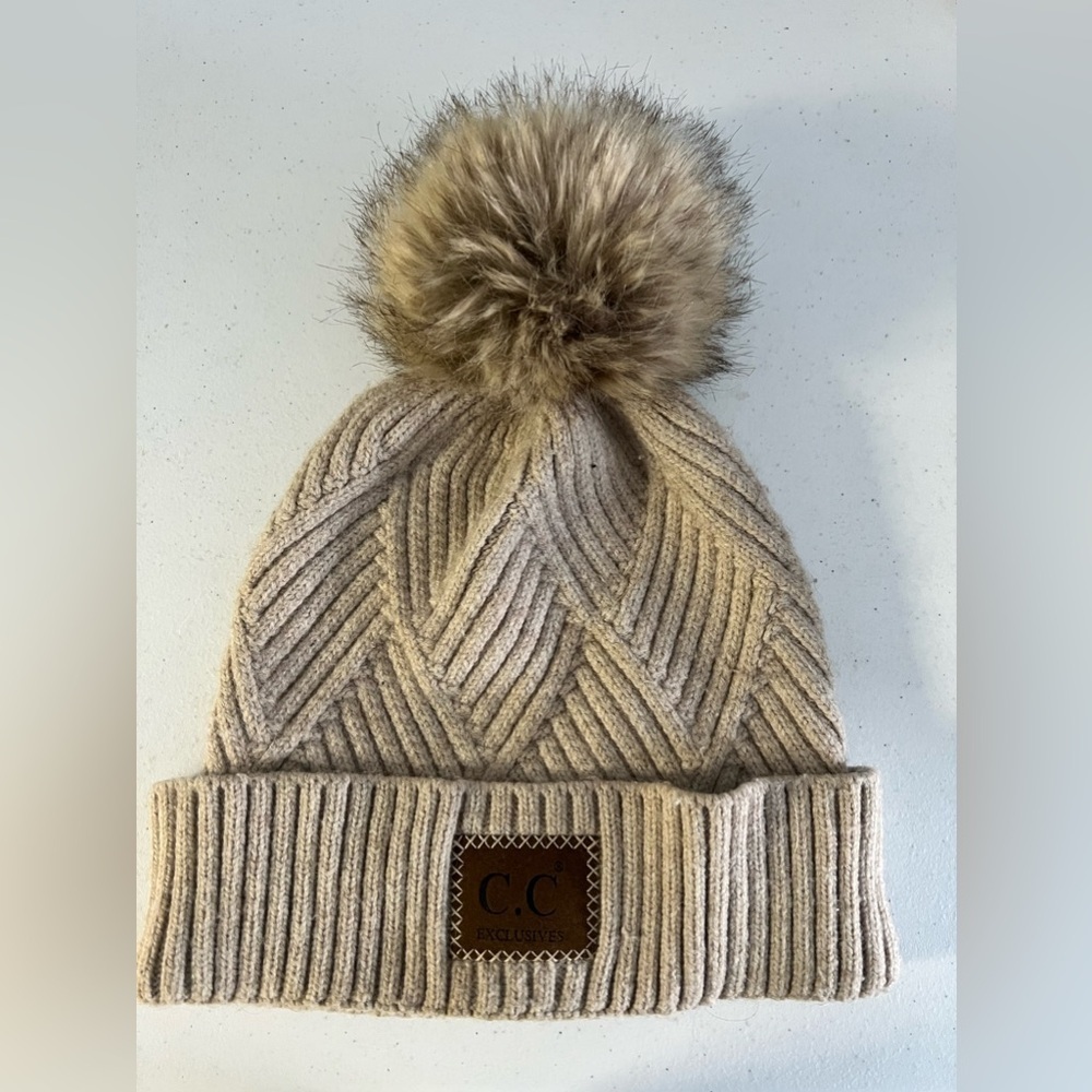 C.C Exclusives Beige Knit Beanie with Faux Fur Pom - Picture 2 of 5
